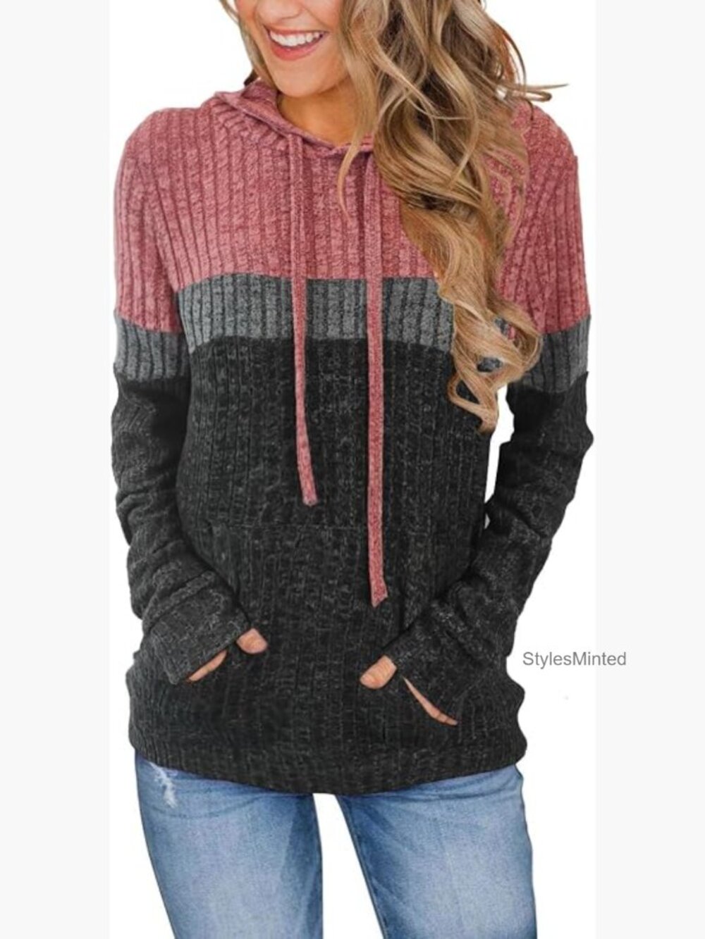 Color Block Knit Hoodie – Long Sleeve Pullover Sweater with Pocket